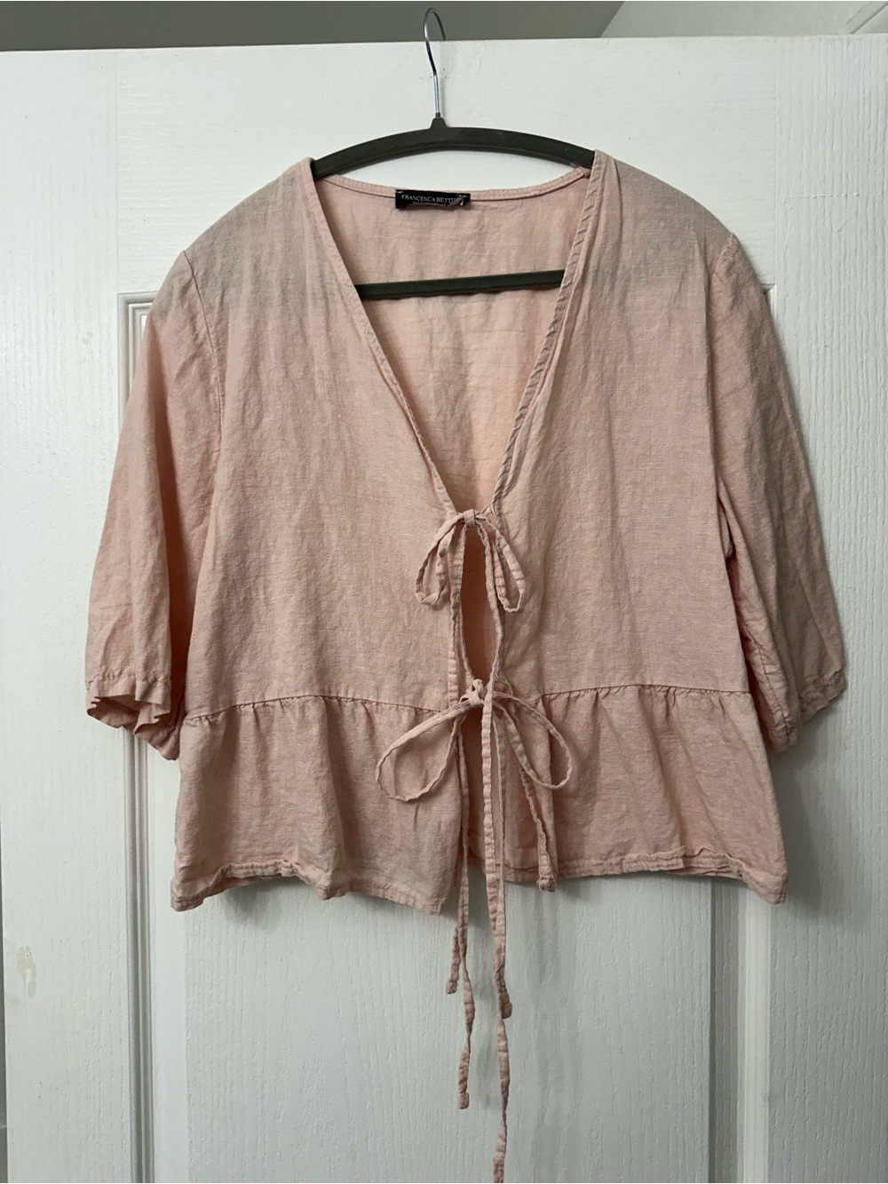 Women’s Light Pink Tie-Front Linen-Blend Blouse